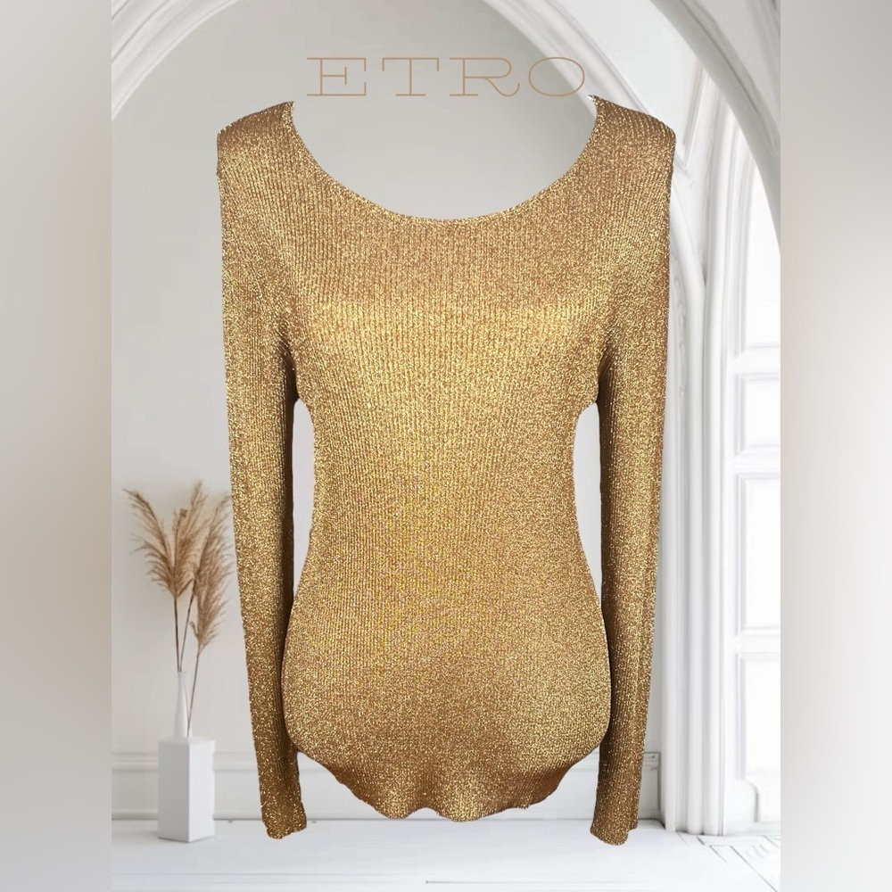 Etro | Gold Metallic Ribbed Knit Top